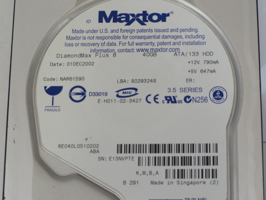 Maxtor 40Gb IDE Ultra ATA-133 7200rpm 3.5in HDD ( 6E040L0 6E040L0711205 ) USED