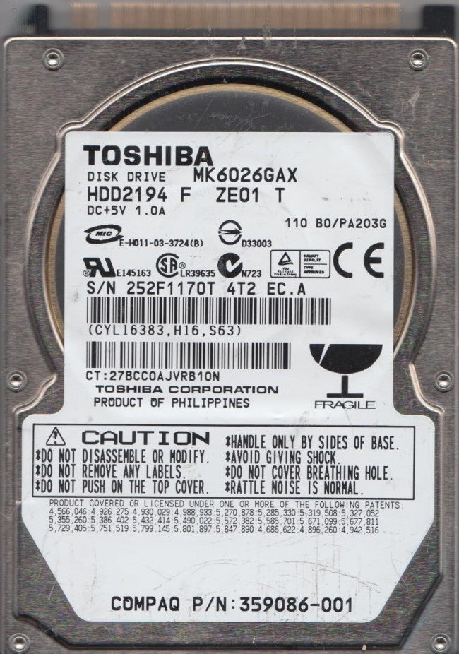 Toshiba Compaq 60GB 5400RPM IDE 2.5in HDD ( 359086-001 MK6026GAX ) REF