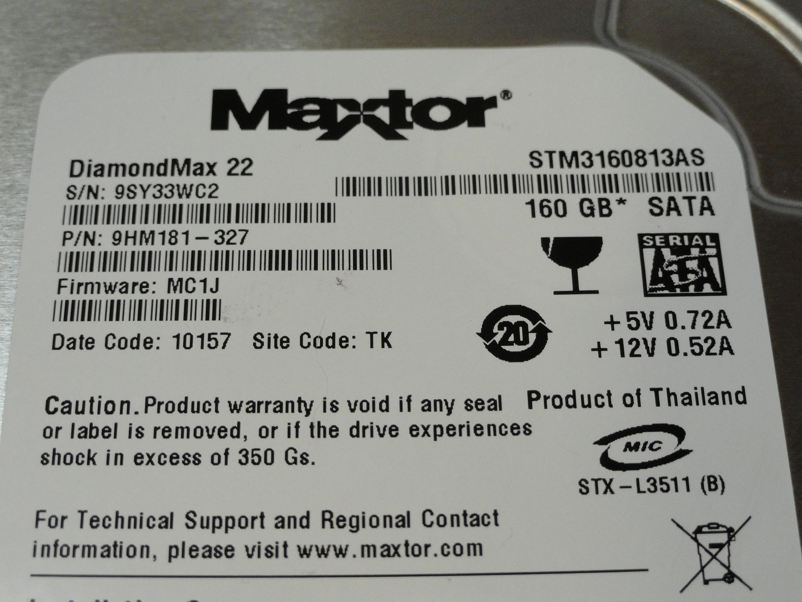 PR19622_9HM181-327_Maxtor 160Gb SATA 7200rpm 3.5in HDD - Image2