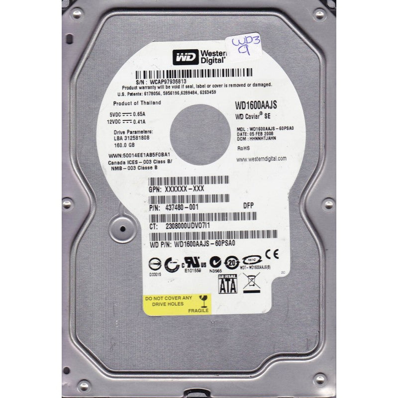 WD HP 160GB SATA 7200rpm 3.5in HDD ( WD1600AAJS-60PSA0 432393-001 437480-001 ) ASIS