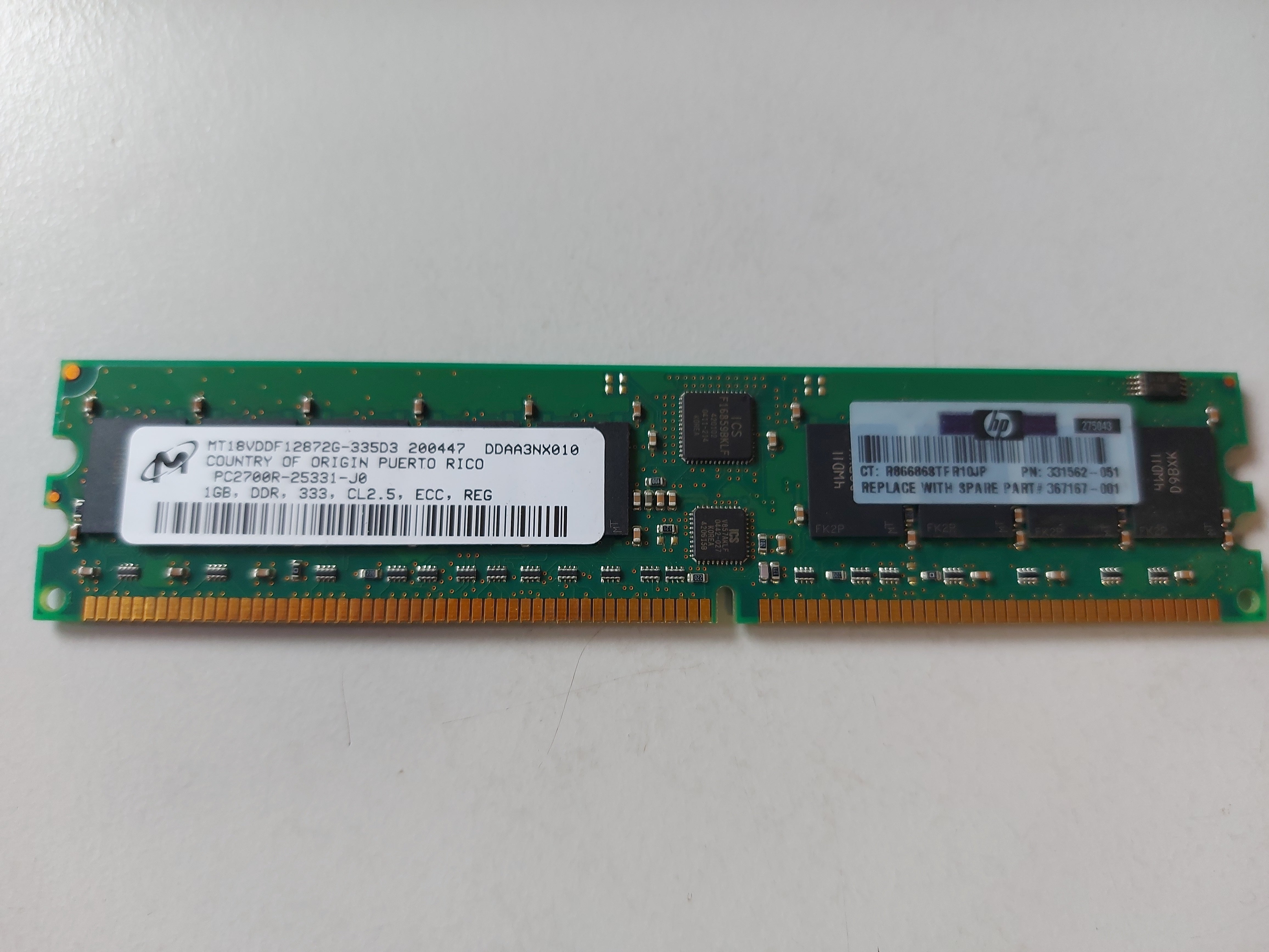 HP Micron 1GB PC2700 DDR-333MHz 184-Pin DIMM ( MT18VDDF12872G-335D3 331562-051 ) REF 