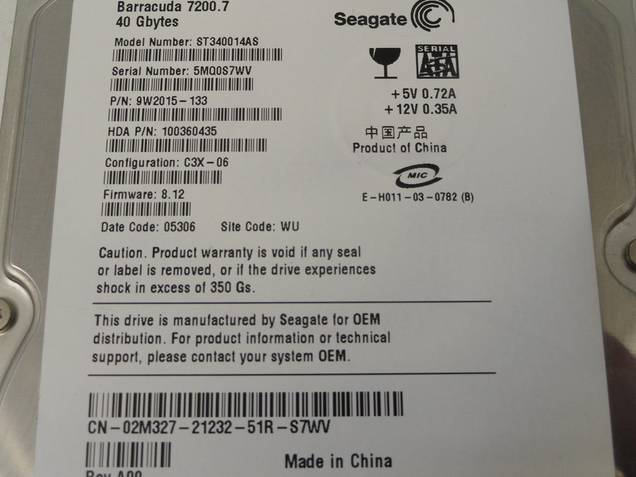 Seagate Dell 40GB SATA 7200rpm 3.5in HDD ( 9W2015-133 ST340014AS 02M327 ) ASIS