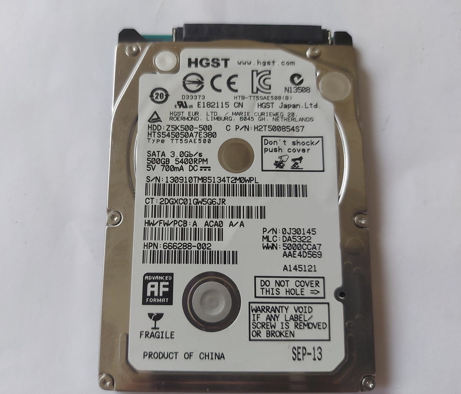 HGST HP 500GB 5400RPM 2.5in SATA HDD ( Z5K500-500 H2T500854S7 HTS545050A7E380 666288-002 0J30145 ) USED