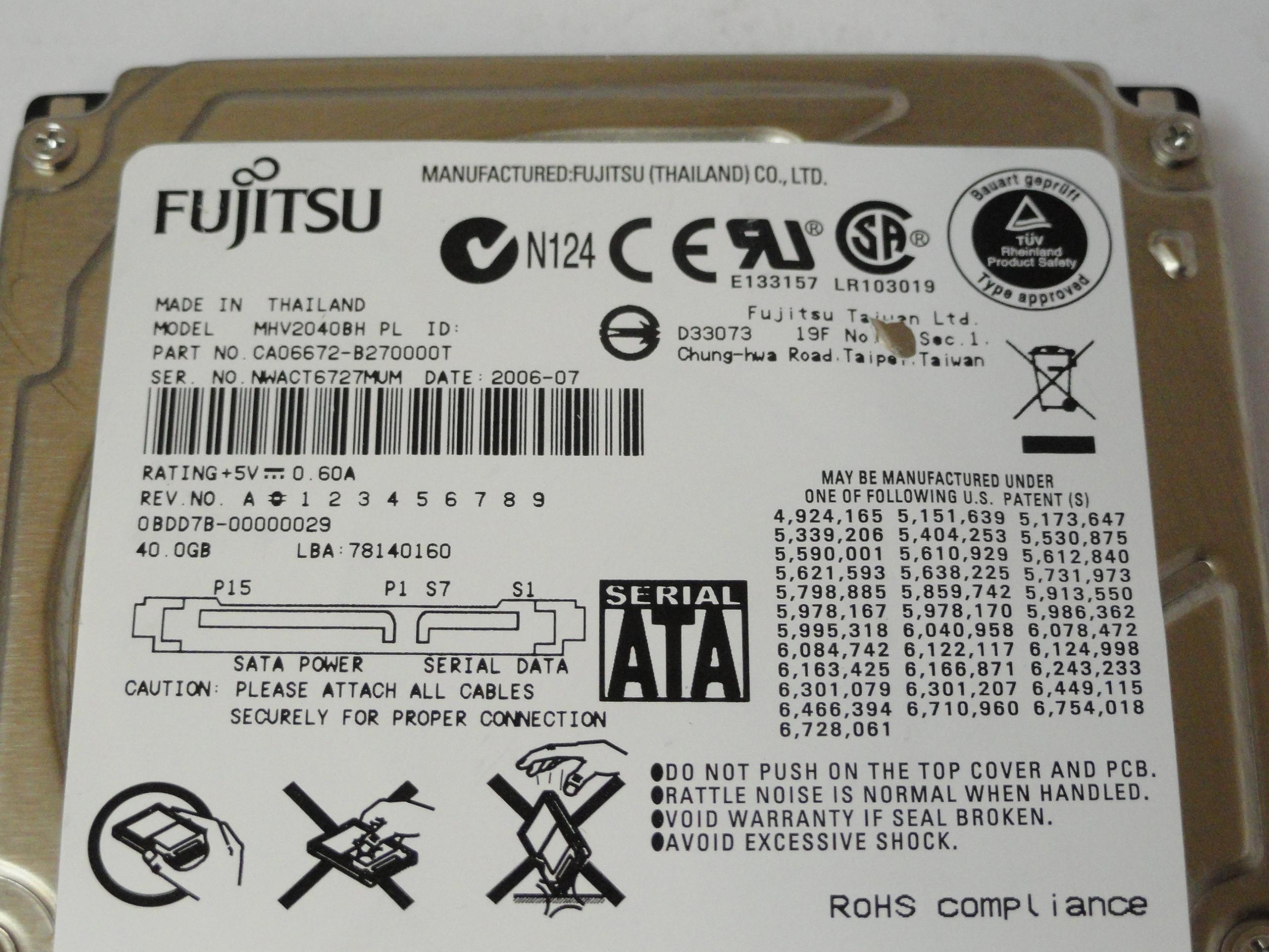 PR21171_CA06672-B270000T_Fujitsu 40Gb SATA 5400rpm 2.5in HDD - Image2