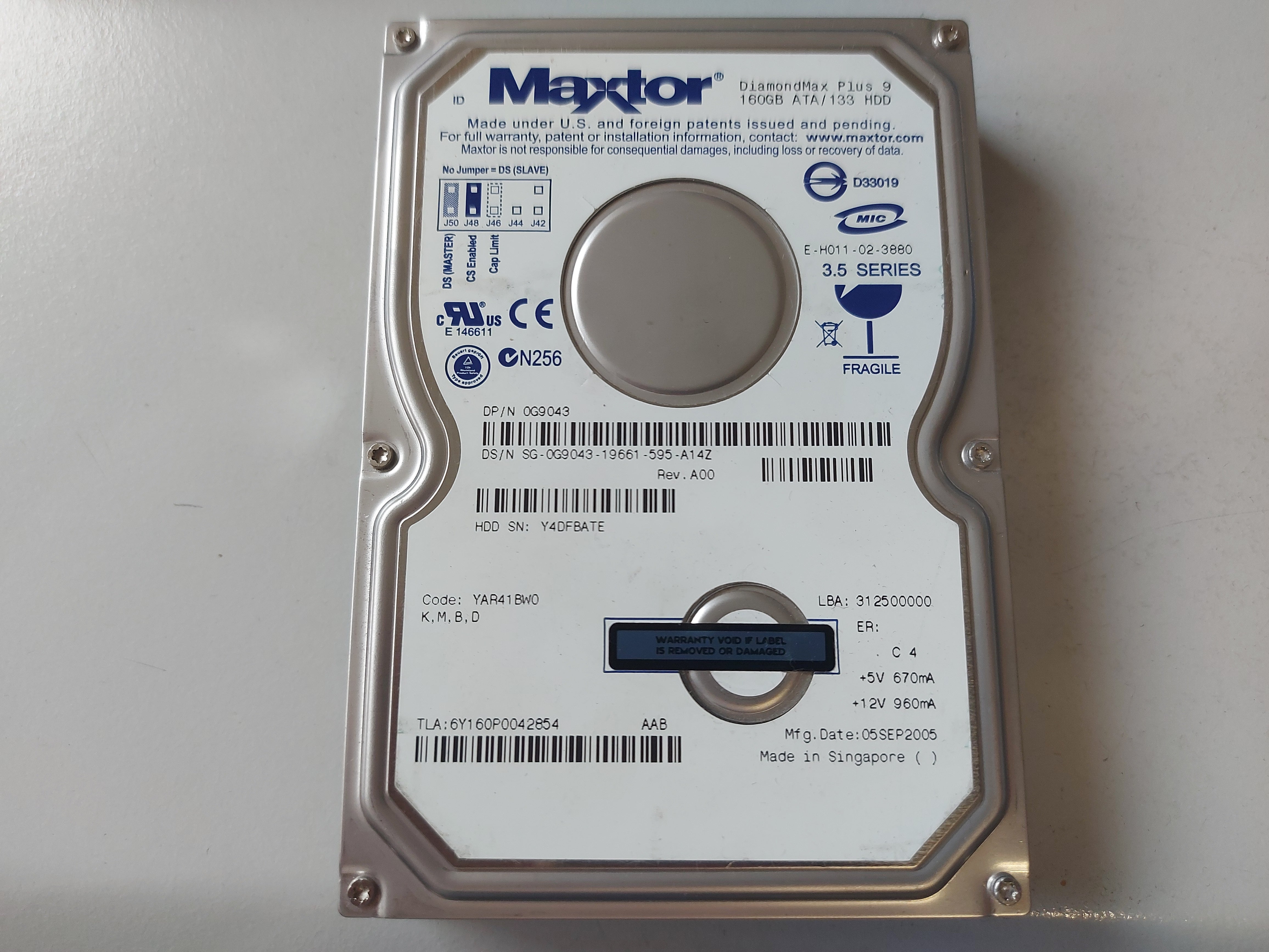 Maxtor Dell 160GB 7200RPM ATA-133 3.5in Internal HDD ( 6Y160P0 0G9043 ) REF