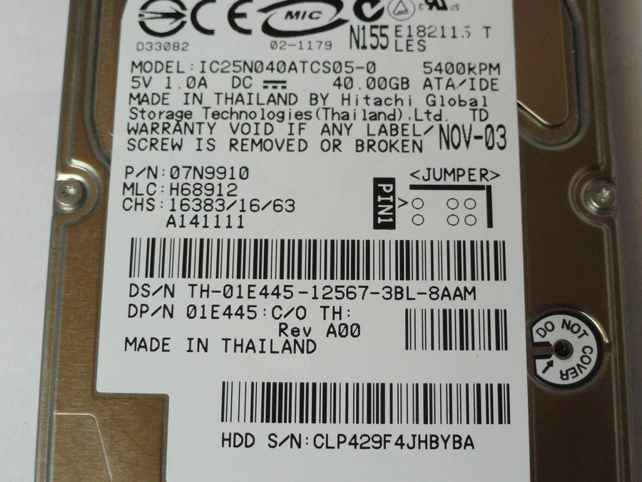Hitachi Dell 40Gb IDE 5400rpm 2.5in HDD ( 07N9910 IC25N040ATCS05-0 1E445 01E445 ) ASIS