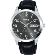 Lorus Black Leather Strap Grey Dial Date & Date Display ( RXN59DX9 )