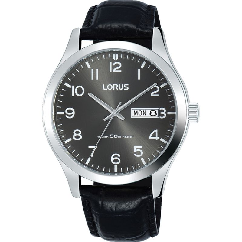Lorus Black Leather Strap Grey Dial Date & Date Display ( RXN59DX9 )