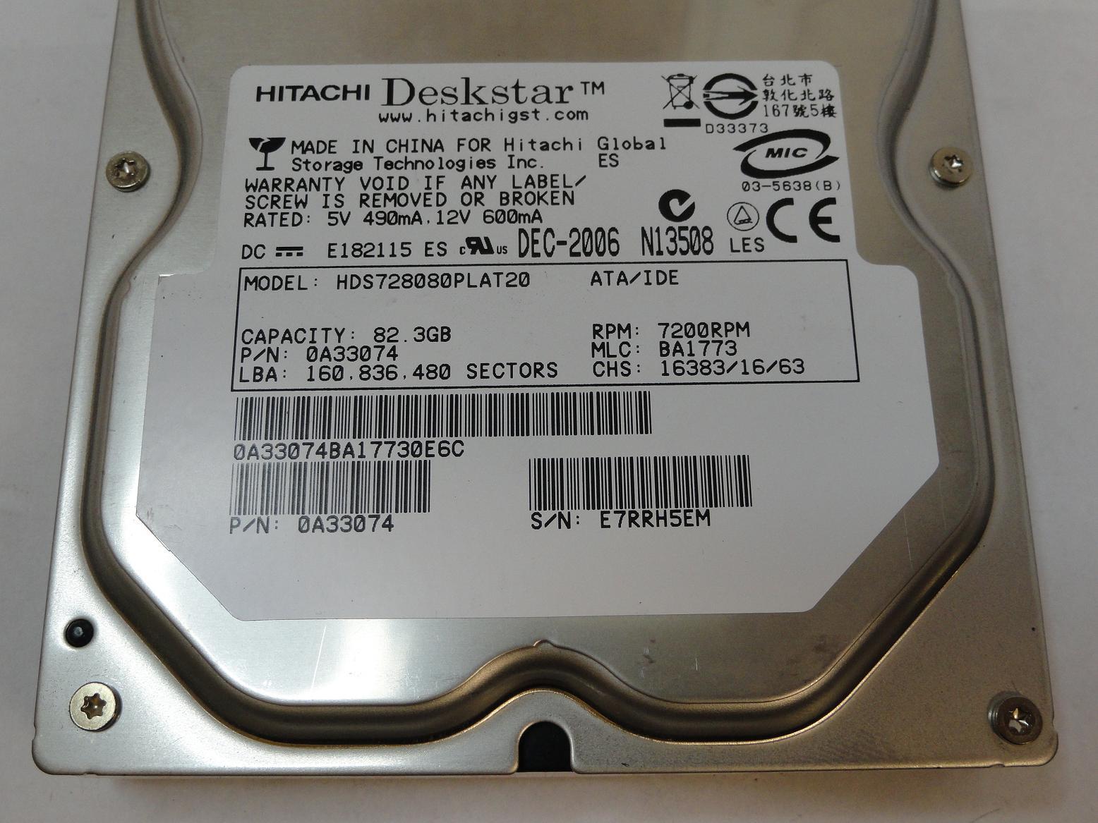 Hitachi 80GB IDE 7200rpm 3.5in HDD ( 0A33074 HDS728080PLAT20 ) REF