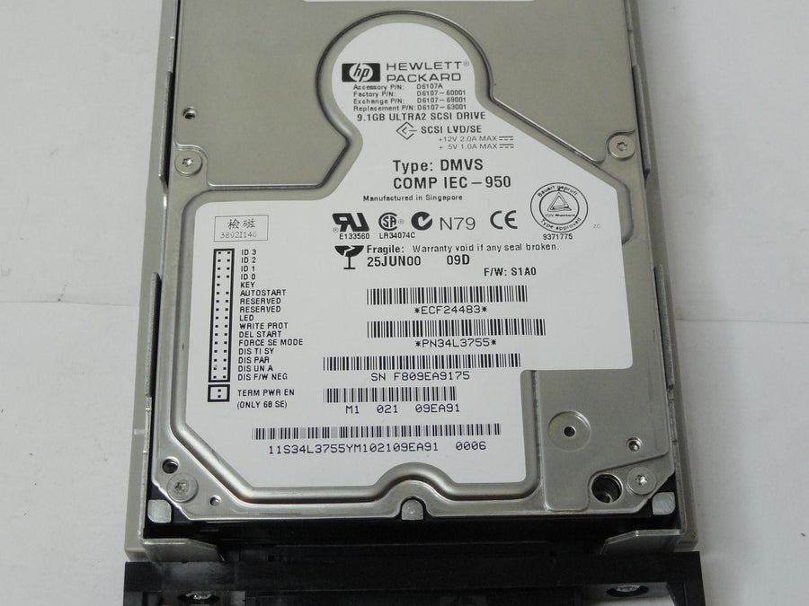 IBM HP 9.1GB SCSI 80Pin 10Krpm 3.5in HDD in Caddy ( 34L3755 D6107-63001 D6107-69001 D6107-60001 D6107A 5064-3541 ) REF