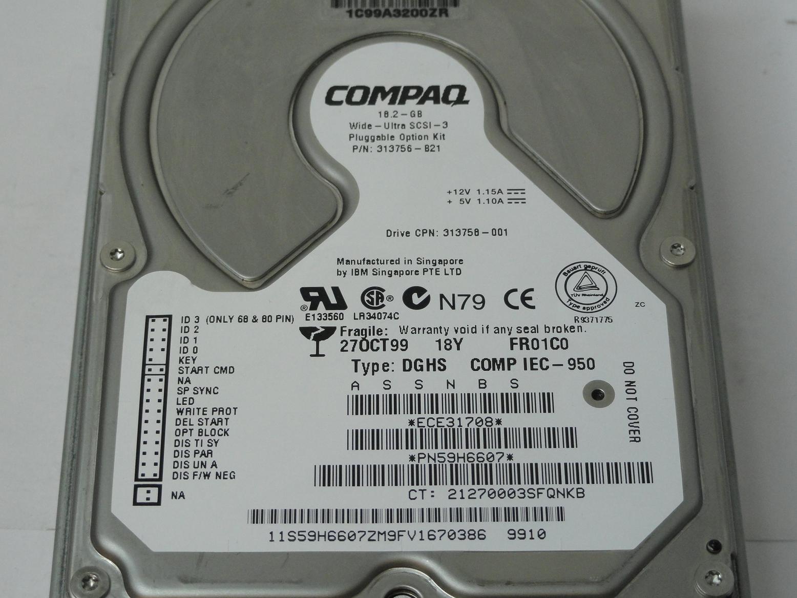 IBM Compaq 18.2GB SCSI 80 Pin 7200rpm 3.5in HDD in Caddy ( 59H6607 313756-B21 313758-001 5002-3249 ) REF