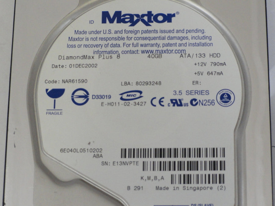 Maxtor DiamondMax Plus 8 40GB 7200RPM ATA-133 3.5" HDD ( 6E040L0 6E040L0711005 ) REF