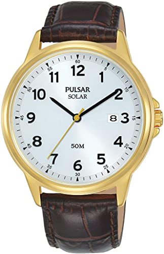 PULSAR Gold & Brown Leather Solar Men's Watch PX3200X1