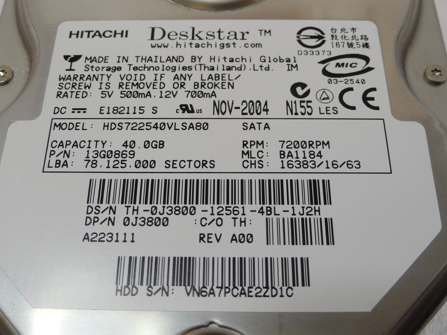 PR06154_13G0869_Hitachi Dell 40GB SATA 7200rpm 3.5in HDD - Image3