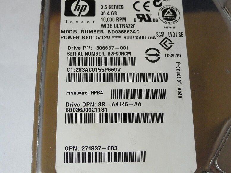 Maxtor HP 36Gb SCSI 80 Pin 10Krpm 3.5in HDD ( 8B036J0 306637-001 BD036863AC 271837-003 3R-A4146-AA ) REF