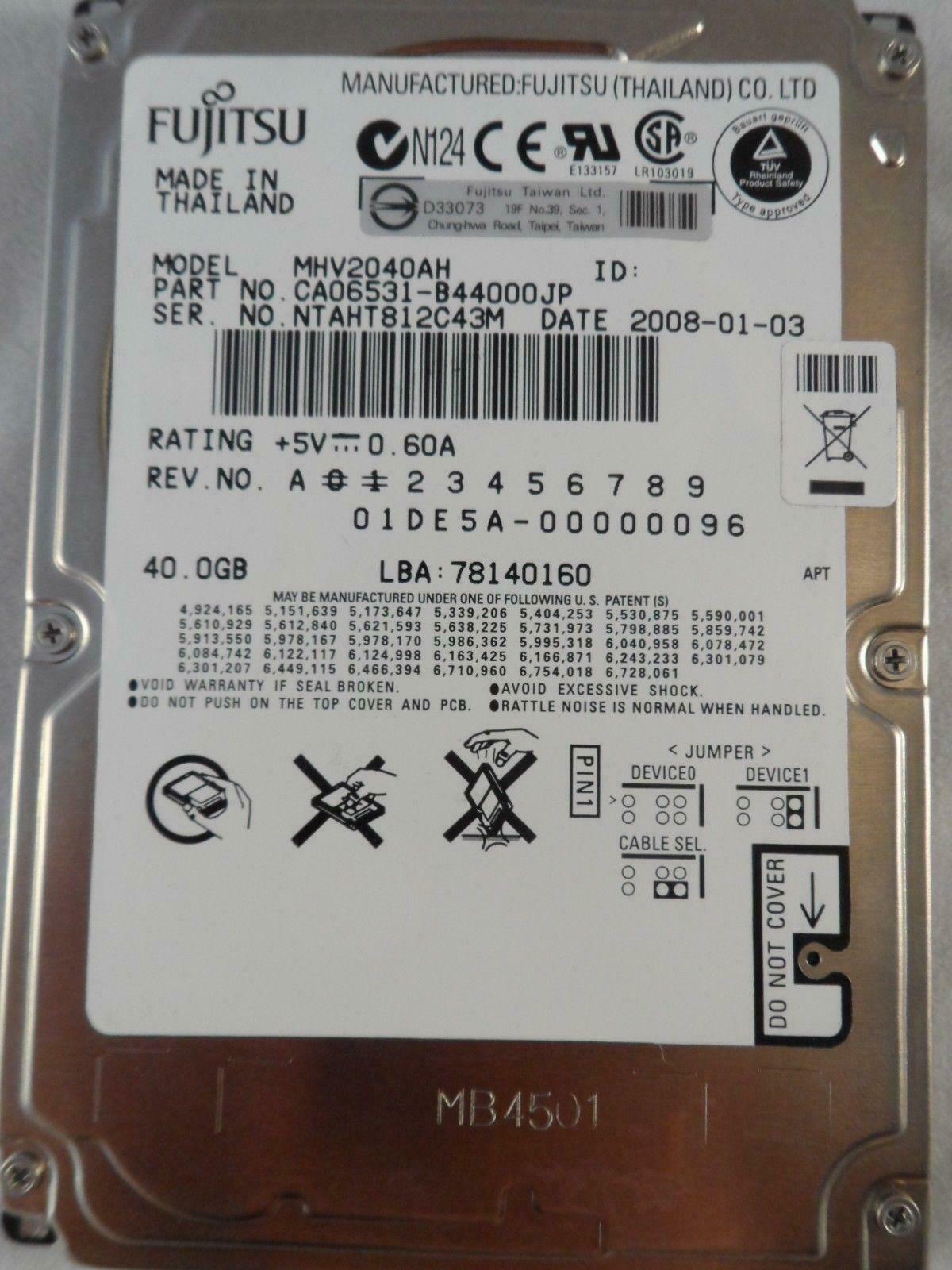 Fujitsu 40GB IDE 5400rpm 2.5in HDD ( CA06531-B44000JP MHV2040AH ) USED