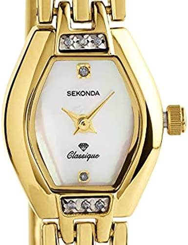 Sekonda Ladies Diamond Set Gold Plated Stainless Steel Bracelet Mother Of Pearl Dial Dress Watch 4001