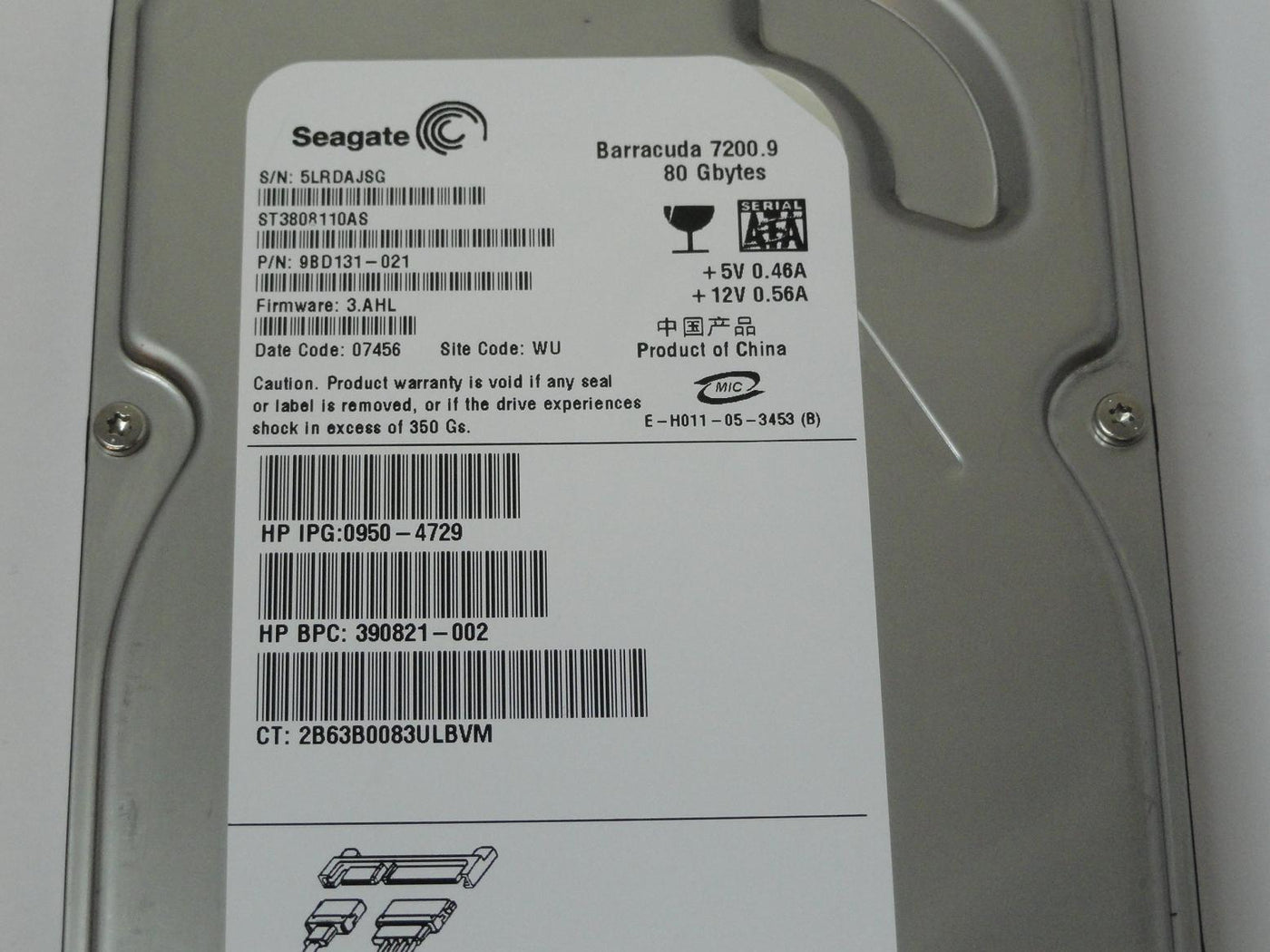 Seagate HP 80GB SATA 7200rpm 3.5in HDD ( 9BD131-021 ST3808110AS 390821-002 0950-4729 ) ASIS
