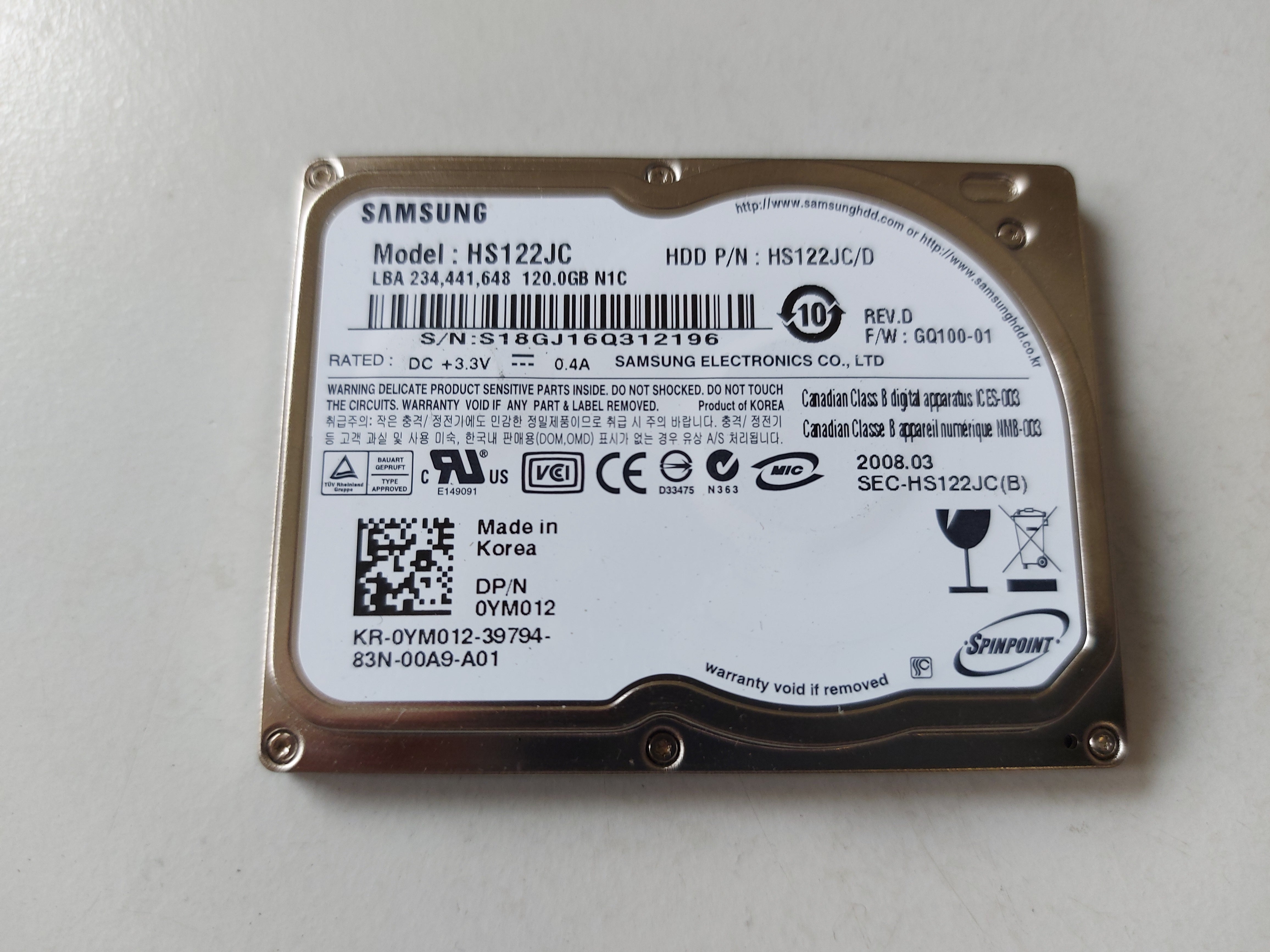 Samsung Dell Spinpoint N1C 120GB 5400rpm ATA-100 1.8in HDD ( HS122JC/D HS122JC 0YM012 ) USED