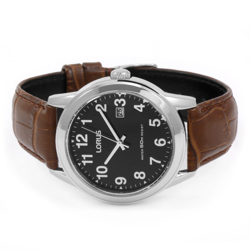 Lorus Classic Black Dial Brown Leather Strap Mens Watch RH927BX9