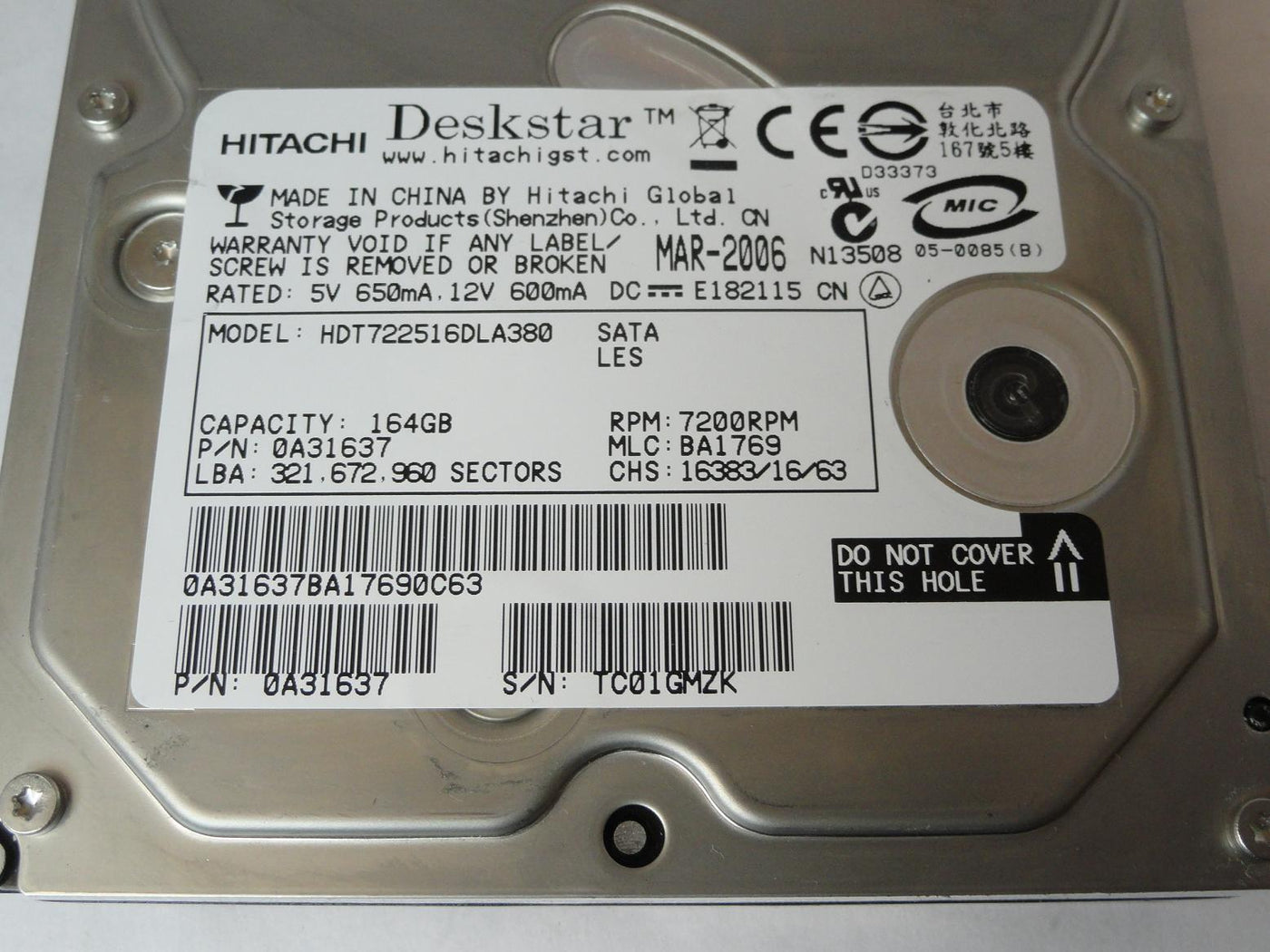 MC0192_0A31637_Hitachi Deskstar 164Gb SATA 7200rpm 3.5in HDD - Image3