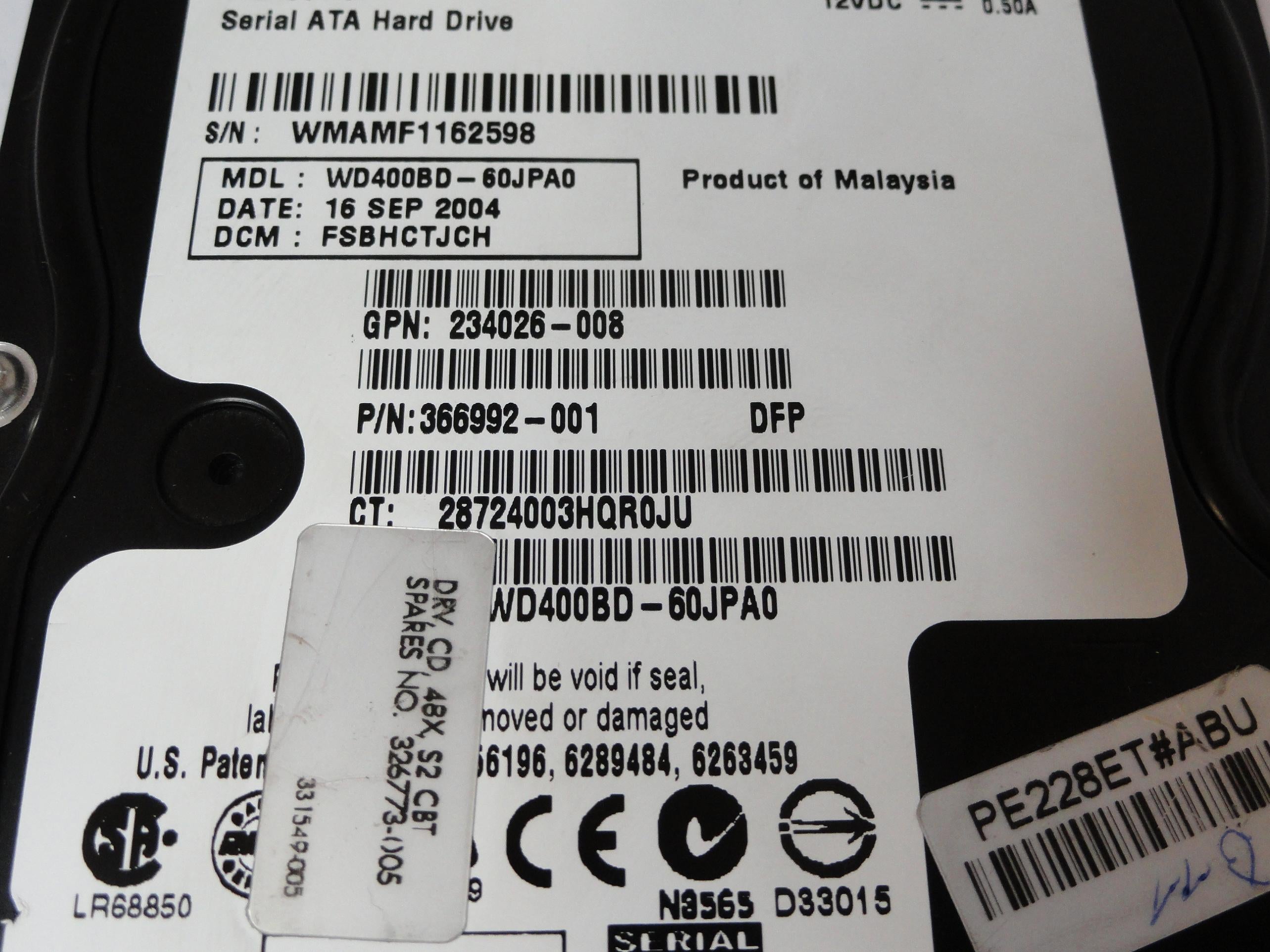 PR21030_WD400BB-60JKC0_Western Digital HP 40Gb IDE 7200rpm 3.5in HDD - Image3