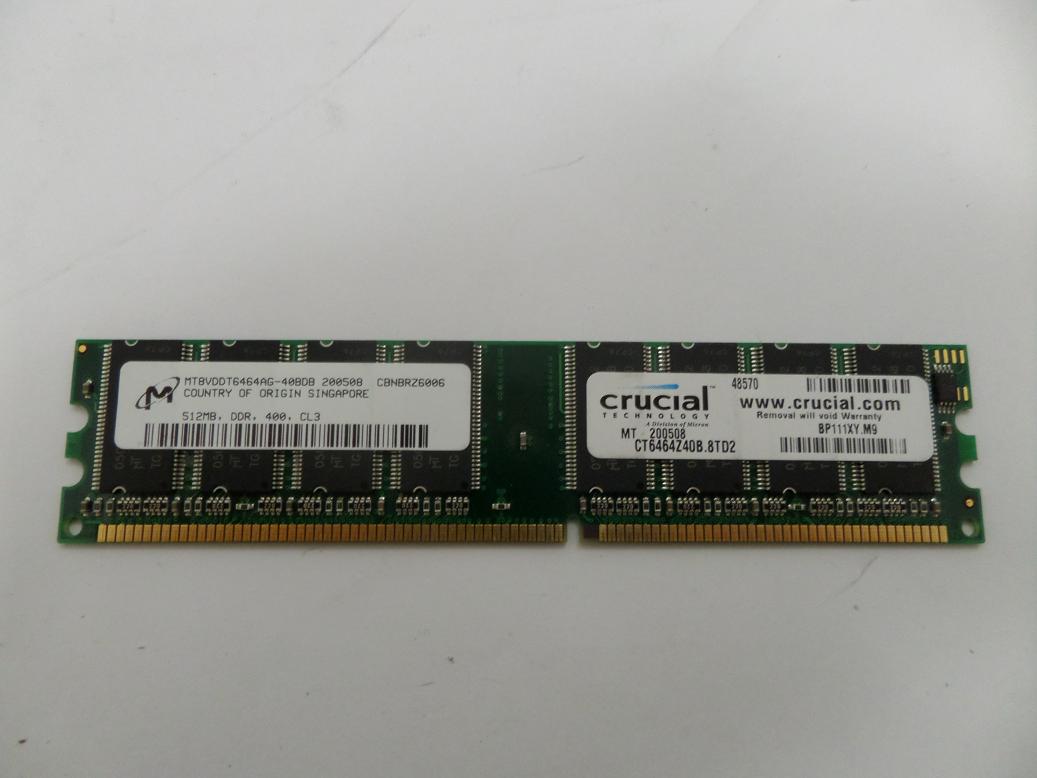 MT8VDDT6464AG-40BD1 - Micron/Crucial 512MB PC3200 DDR-400MHz Non ECC Unbuffered CL3 184-Pin DIMM Single Rank Memory Module Mfr P/N MT8VDDT6464AG-40BD1 - USED