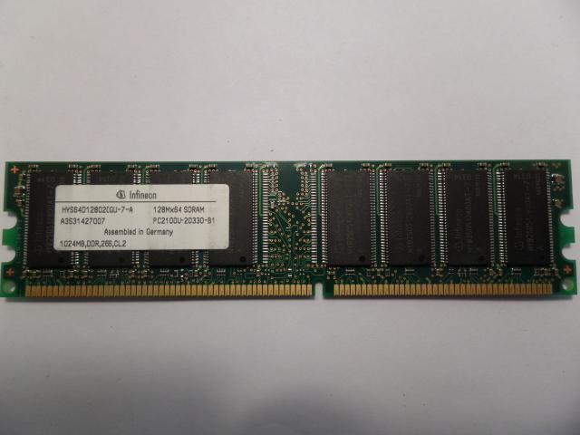 HYS64D128020GU-7-A - Infineon 1GB DDR 184p PC2100 CL2 16c 64x8 Non ECC Unbuffered DIMM Module - Refurbished