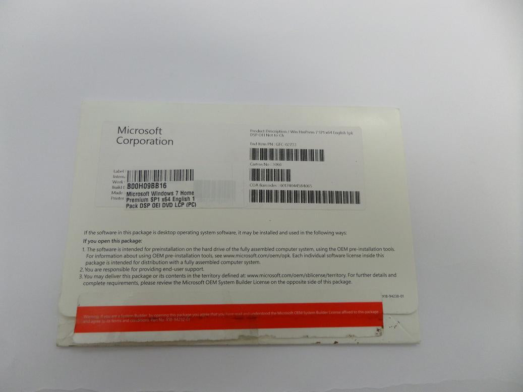X18-94238-01 - Microsoft Windows 7 Home Premium SP1 x64 English 1 Pack DSP OEI DVD LCP (PC) - NOB