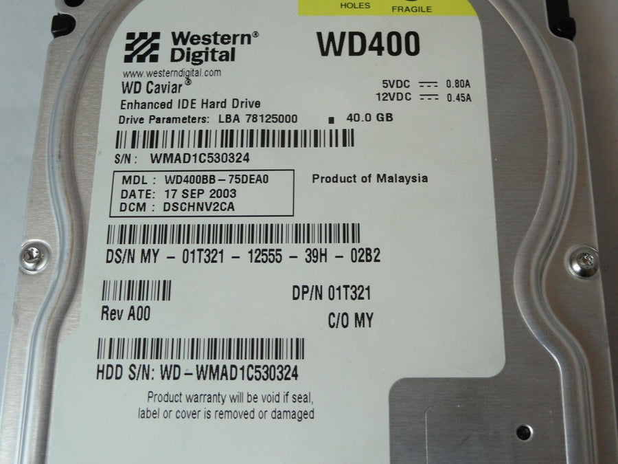 Western Digital Dell 40GB IDE 7200rpm 3.5in HDD ( WD400BB-75DEA0 01T321 ) ASIS