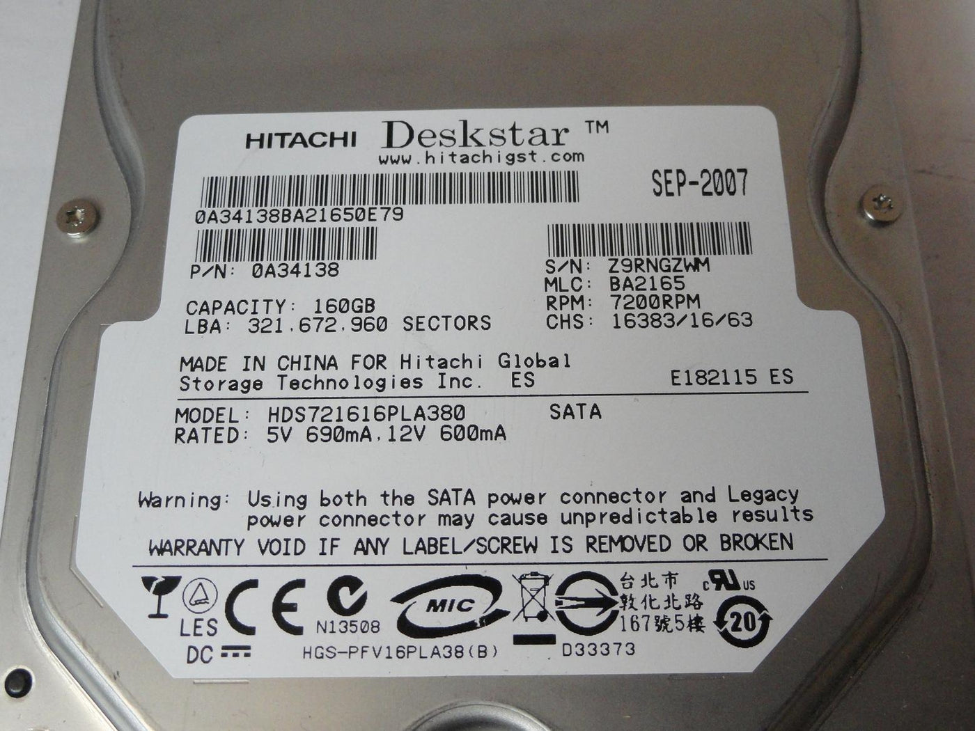 Hitachi 160GB SATA 7200rpm 3.5in HDD ( 0A34138 HDS721616PLA380 ) USED