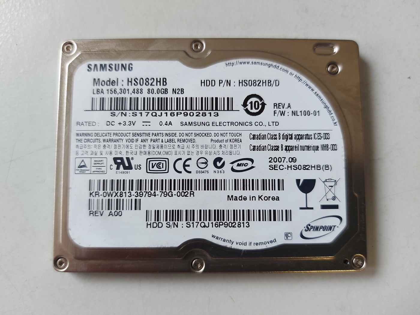 Samsung Dell Spinpoint N2 80GB 4200rpm ATA-100 1.8in HDD ( HS082HB/D 0WX813 ) USED