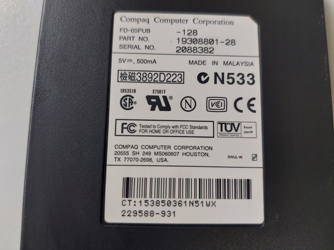 Compaq FD-05PUB-128 USB 3.5" 1.44MB Portable External Floppy Drive ( 19308801-28 229588-931 ) REF