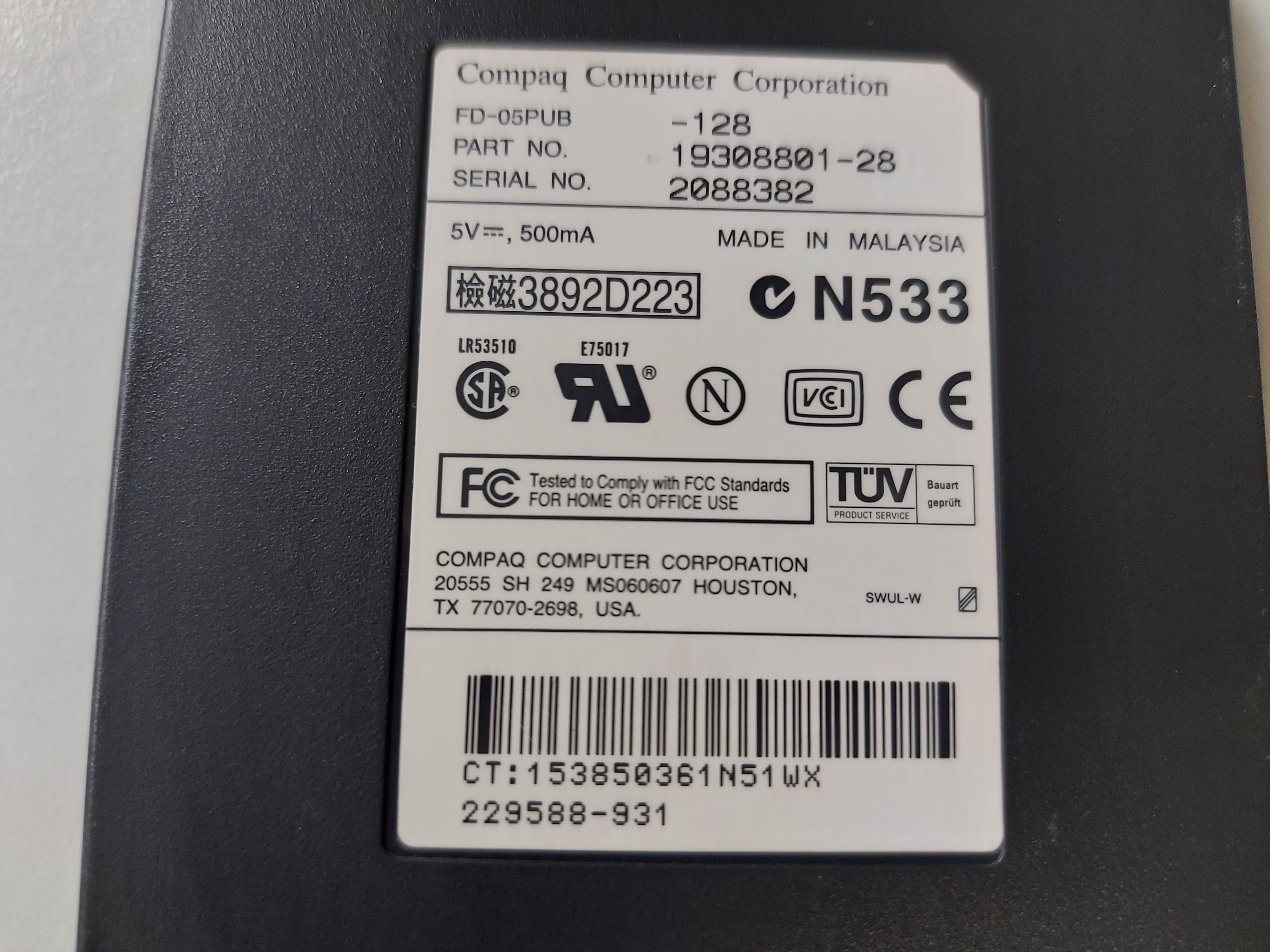 Compaq FD-05PUB-128 USB 3.5" 1.44MB Portable External Floppy Drive ( 19308801-28 229588-931 ) REF