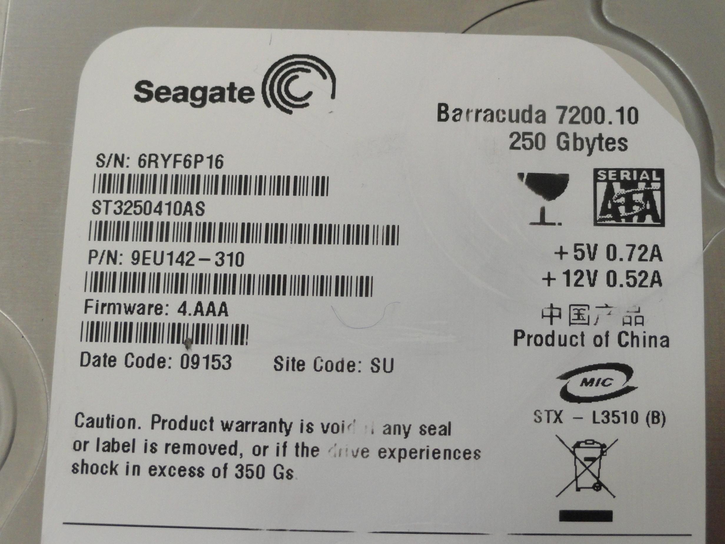 9EU142-310 - Seagate 250GB SATA 7200rpm 3.5in Barracuda 7200.10 HDD - Refurbished