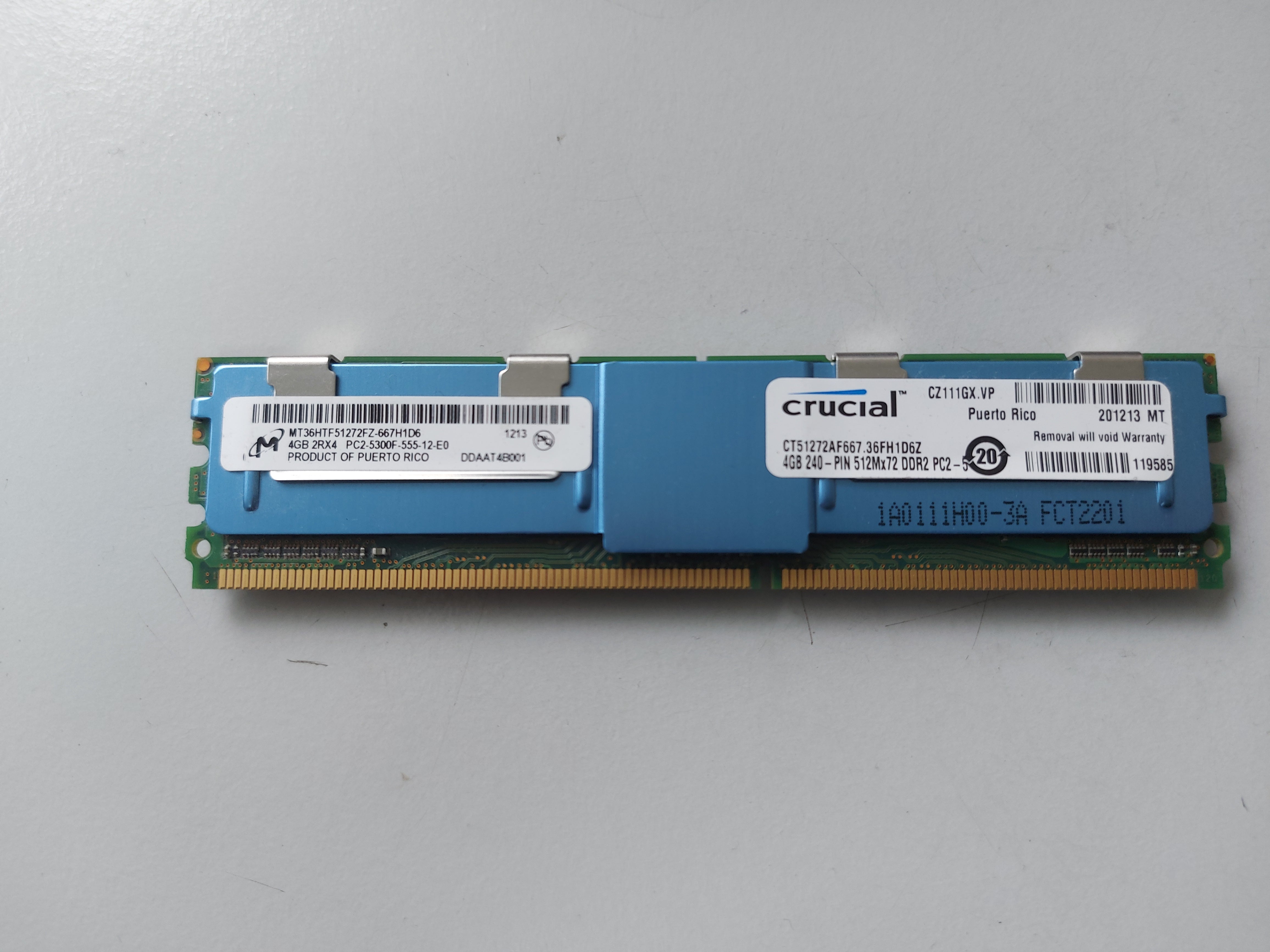 Micron Crucial 4GB PC2-5300 DDR2-667MHz ECC Fully Buffered CL5 240-Pin DIMM ( MT36HTF51272FZ-667H1D6 CT51272AF667.36FH1D6Z ) REF