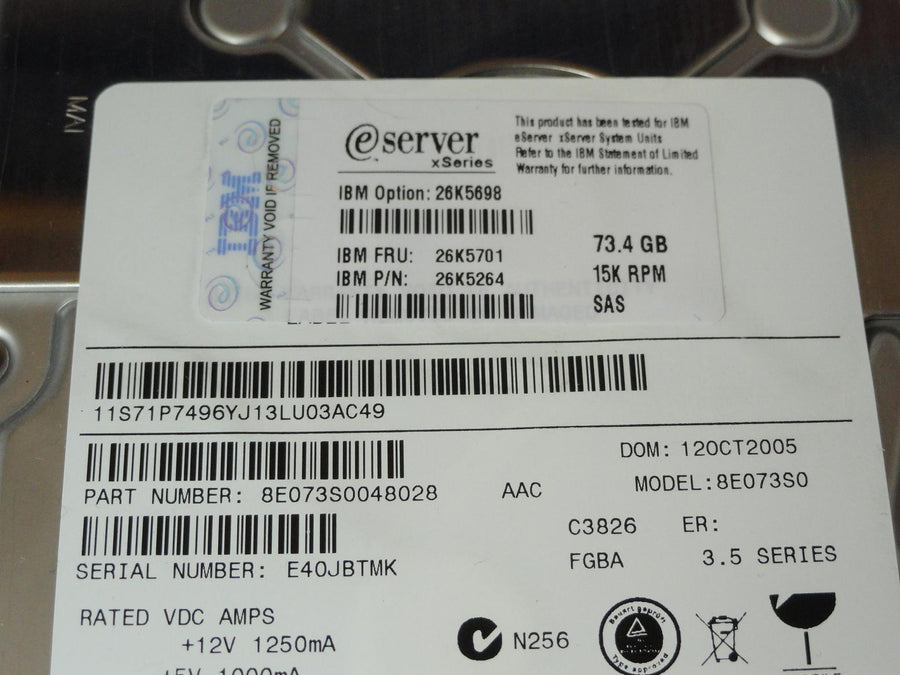 Maxtor IBM 73.4GB SAS 15Krpm 3.5in HDD in Caddy ( 8E073S0 26K5264 71P7496 26K5701 26K5698 ) REF