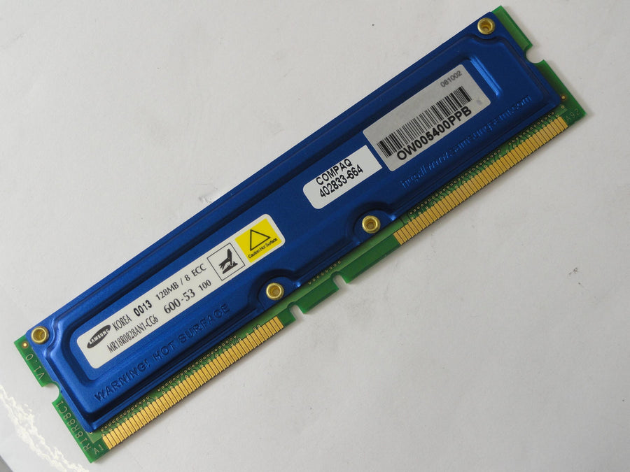 Samsung HP 128Mb PC600 ECC 184Pin 600MHz RIMM/RDRAM ECC Module ( MR18R0828AN1-CG6 MR18R0828AN1-CG6  402833-664   Samsung HP ) REF