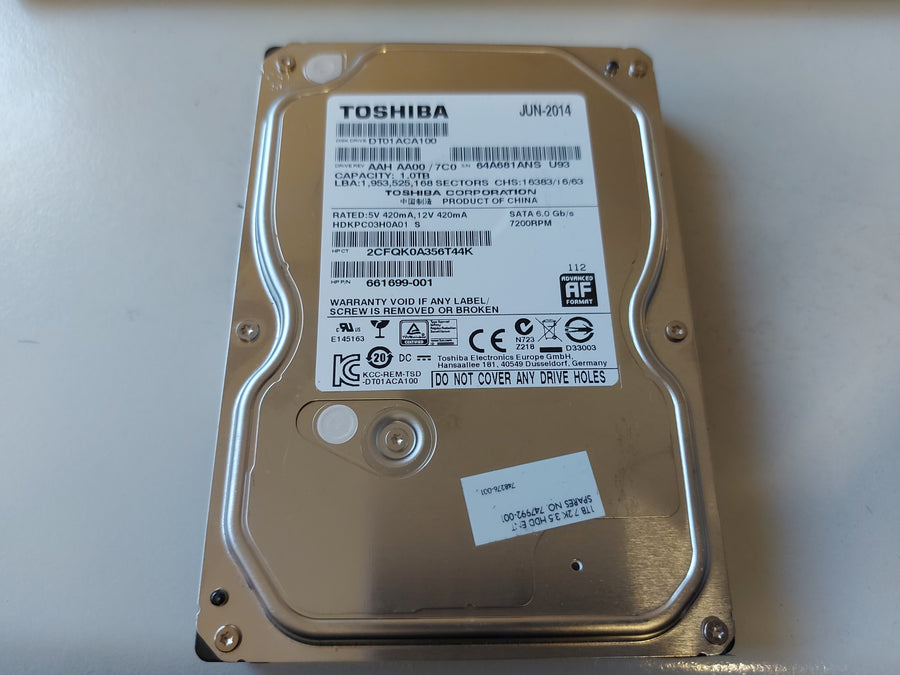 Toshiba HP 1TB SATA 7200rpm 3.5in HDD ( DT01ACA100 661699-001 ) REF