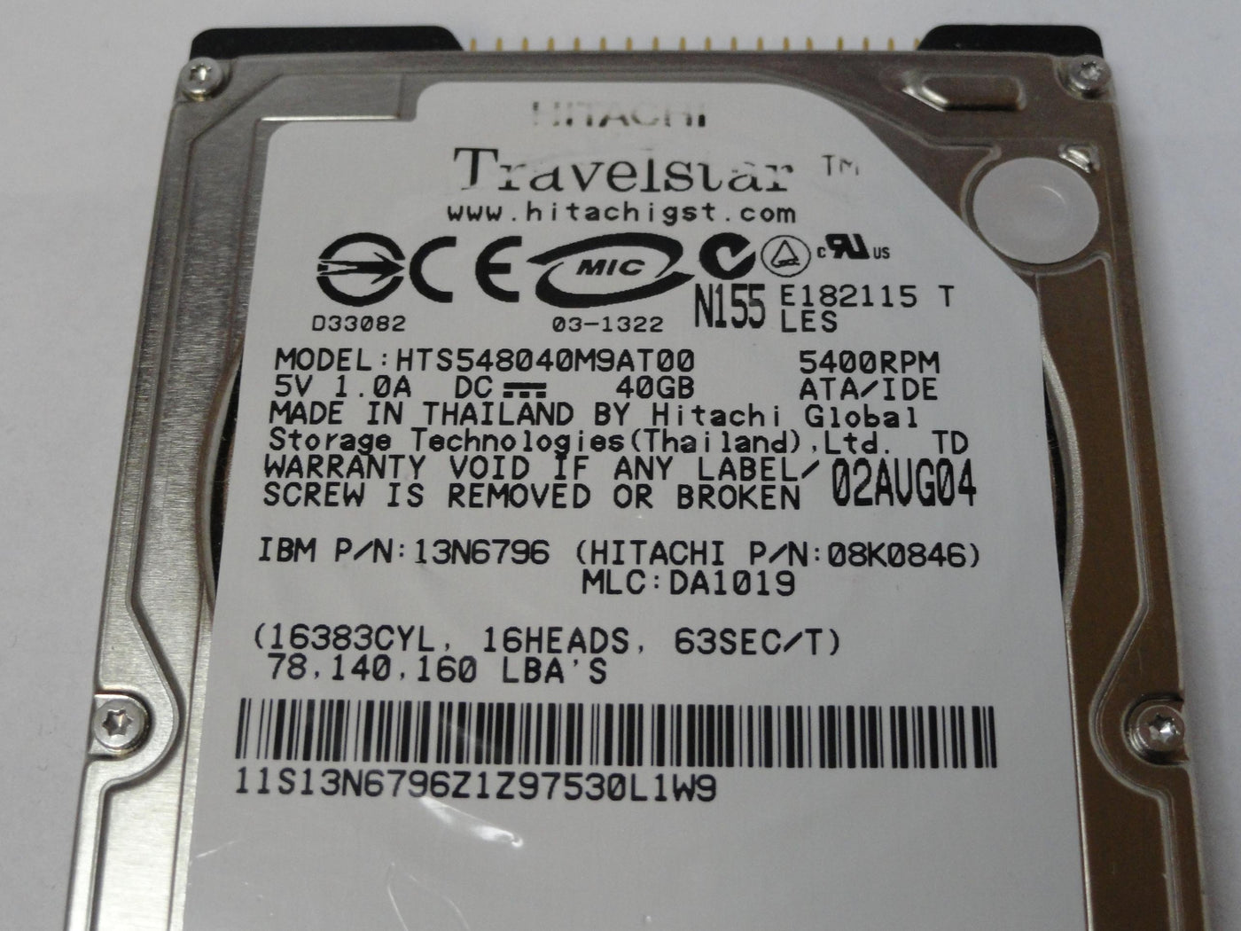 08K0846 - Hitachi IBM 40GB IDE 5400rpm 2.5in Travelstar HDD - USED