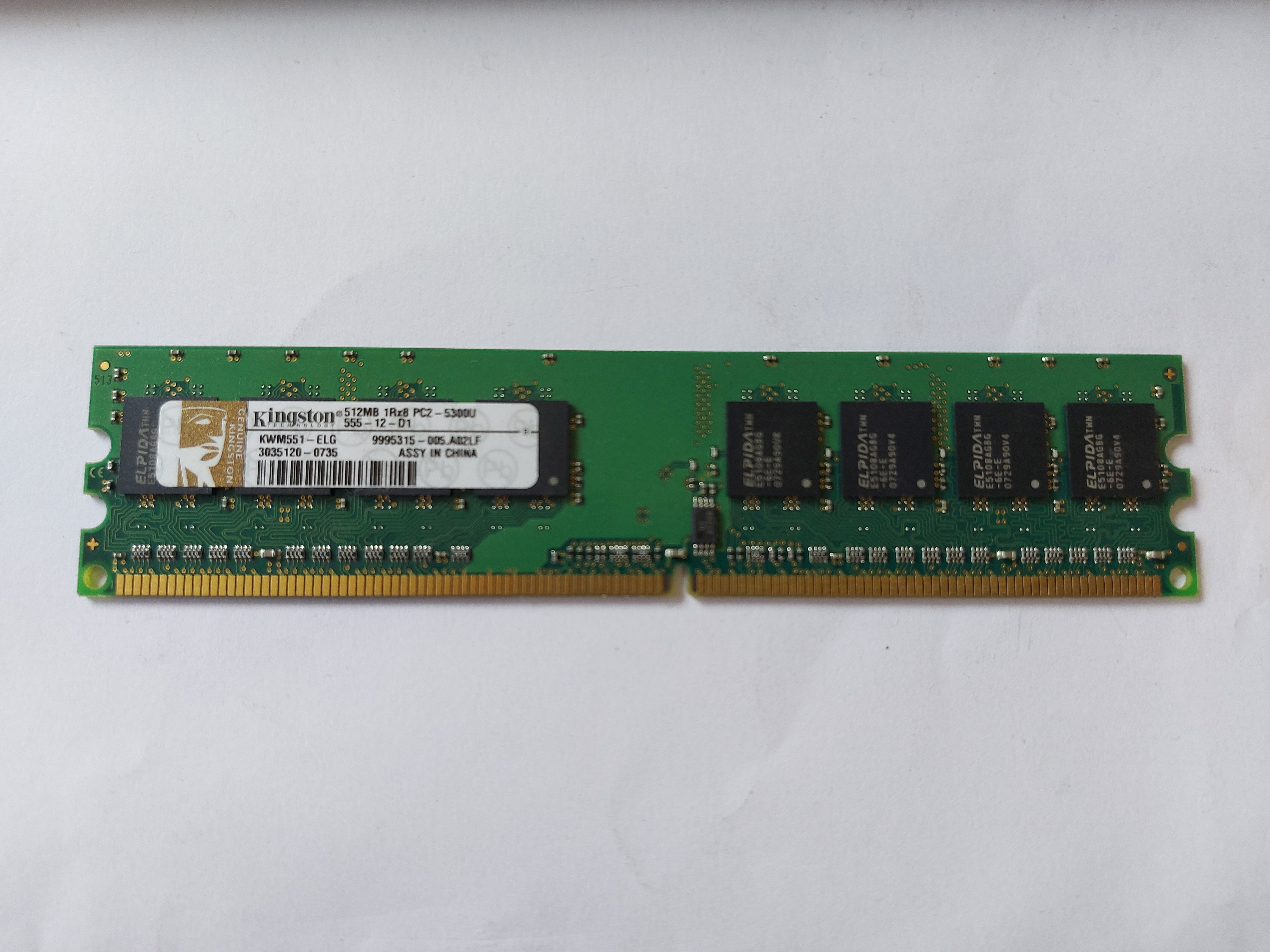 Kingston 512MB PC2-5300 DDR2-667MHz non-ECC Unbuffered CL5 240-Pin DIMM Single Rank Memory Module ( KWM551-ELG 9995315-005.A02LF ) REF