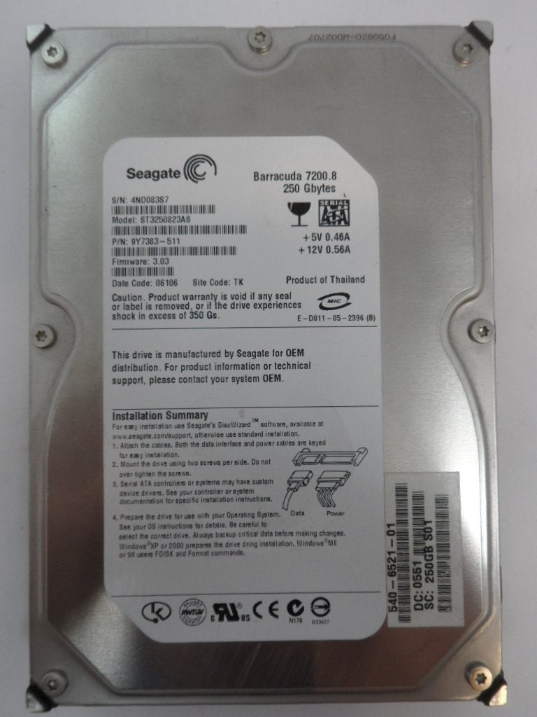 9Y7383-511 - Seagate Sun 250GB SATA 7200rpm 3.5in HDD - ASIS