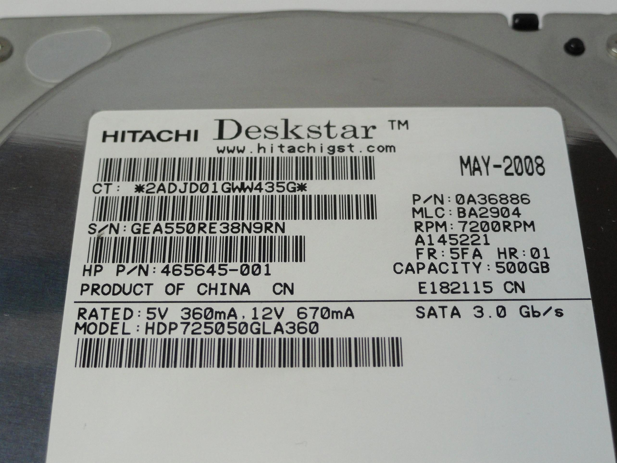 0A36886 - Hitachi HP 500GB SATA 7200rpm 3.5in Deskstar HDD - Refurbished