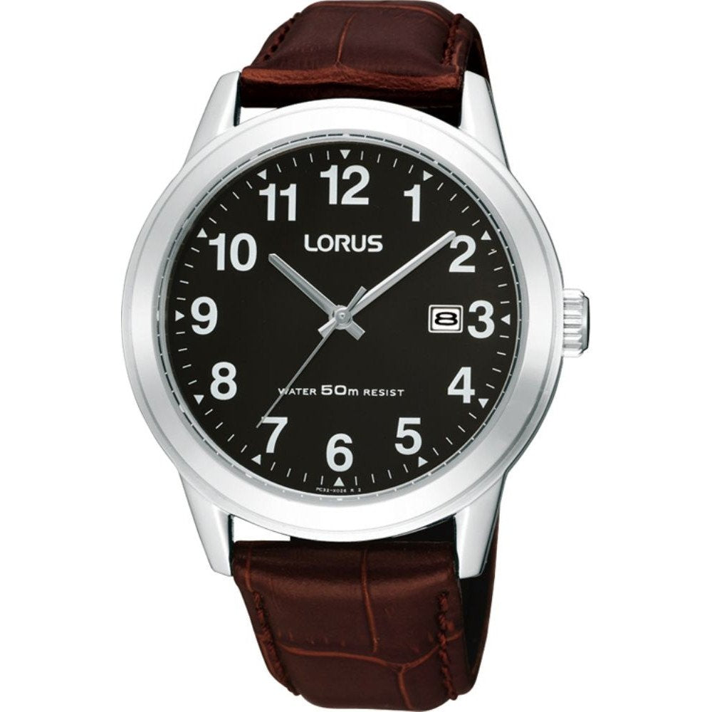 Lorus Classic Black Dial Brown Leather Strap Mens Watch RH927BX9