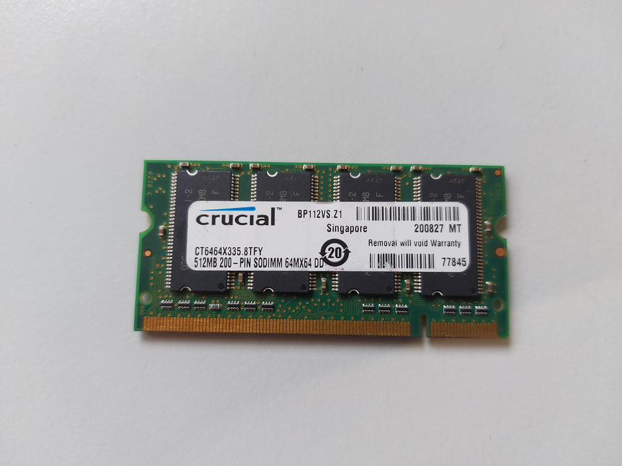 Micron Crucial 512MB PC2700 DDR-333MHz non-ECC Unbuffered CL2.5 200-Pin SoDimm Single Rank Memory Module ( MT8VDDT6464HY-335F3 CT6464X335.8TFY ) REF