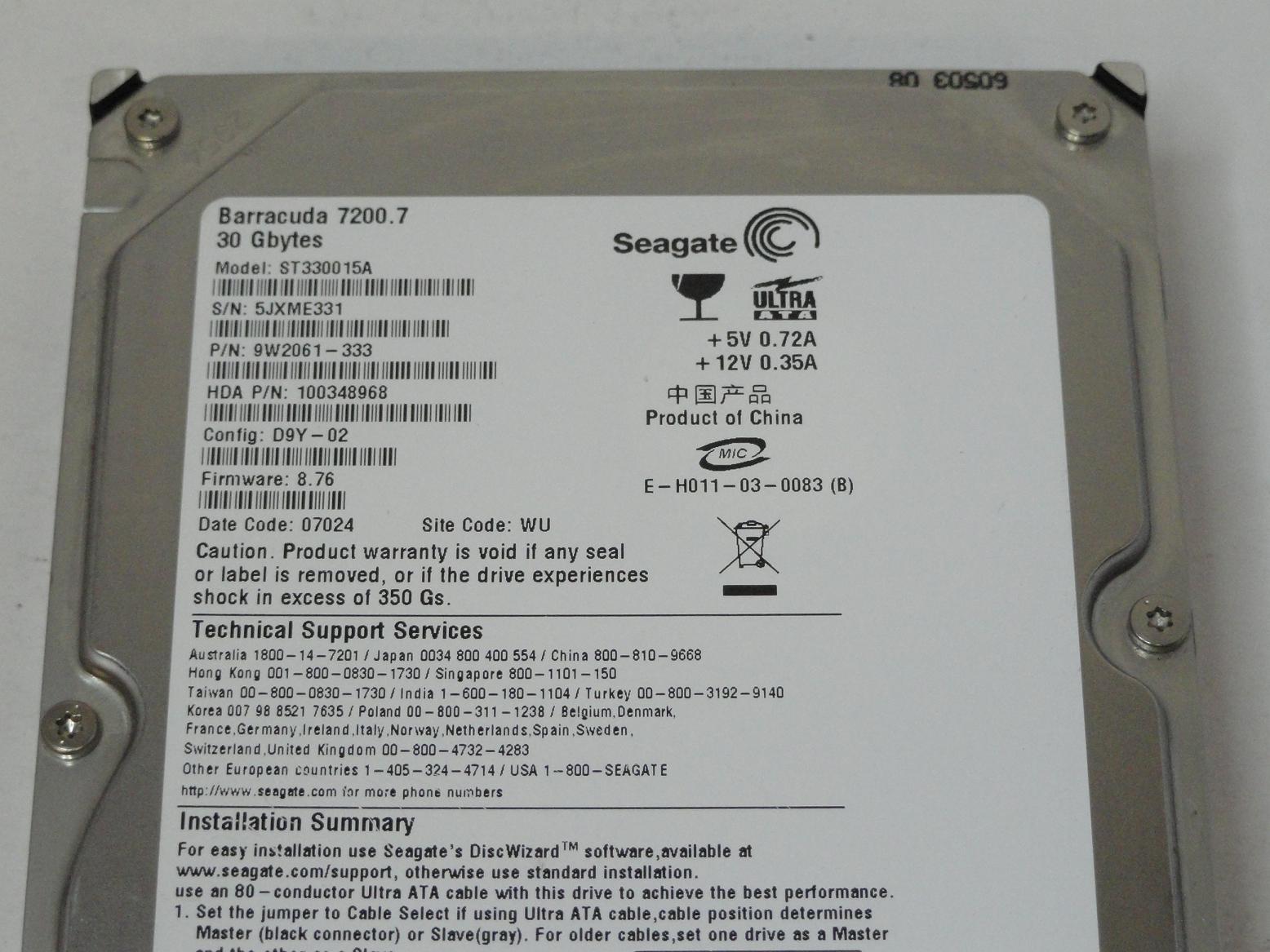 Seagate 30GB IDE 7200rpm 3.5in HDD ( 9W2061-333 ST330015A ) USED