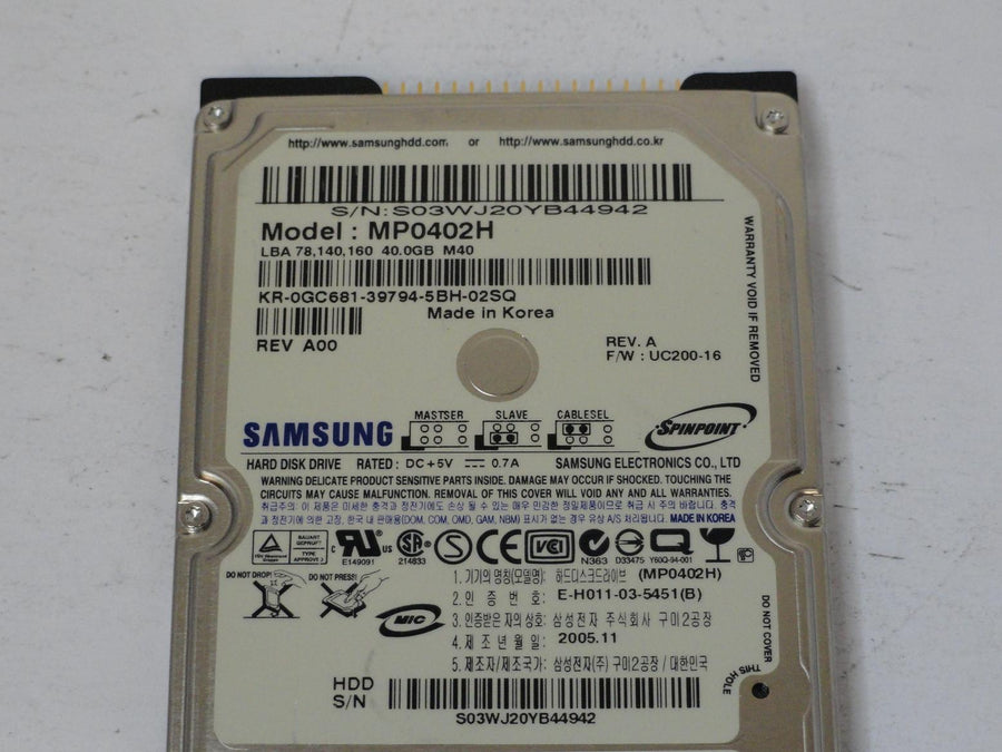 Samsung Dell 40GB IDE 5400rpm 2.5in HDD ( MP0402H 0GC681 ) ASIS