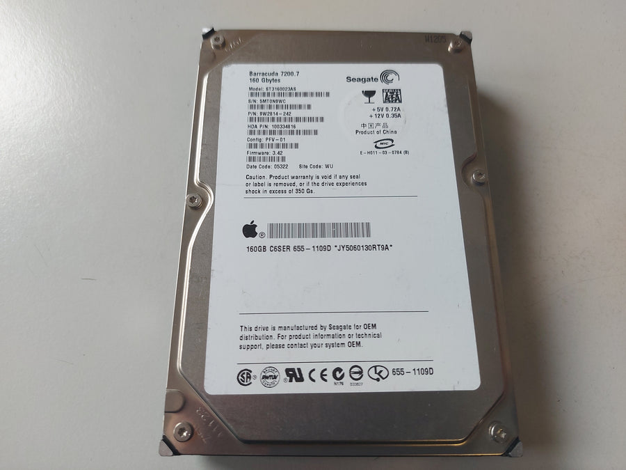 Seagate Apple 160GB 7200RPM SATA 3.5" HDD ( ST3160023AS 9W2814-242 C6SER 655-1109D 100334816 ) USED