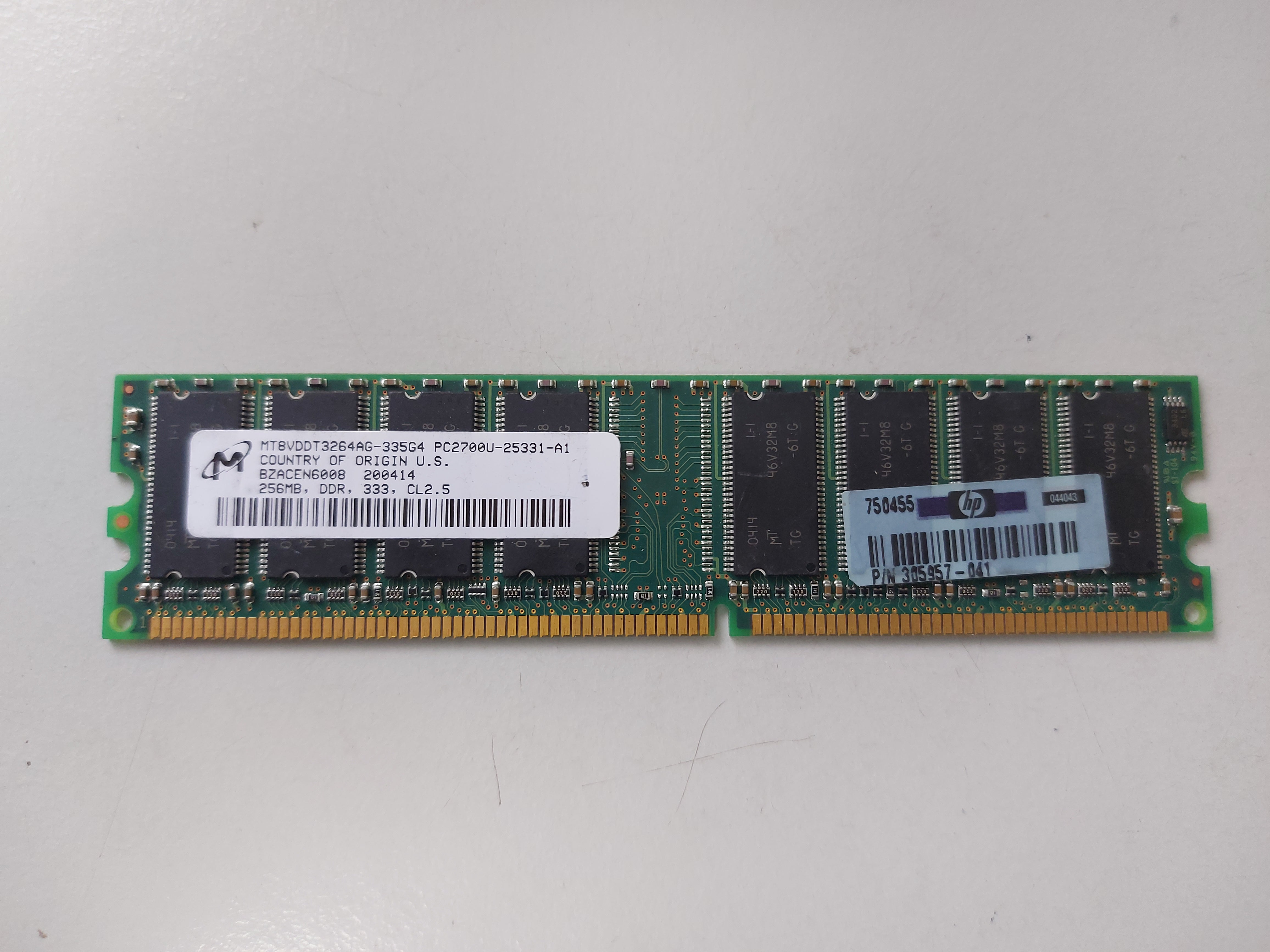 Micron HP 256MB PC2700 DDR-333MHz non-ECC Unbuffered CL2.5 184-Pin DIMM ( MT8VDDT3264AG-335G4 305957-041 ) REF
