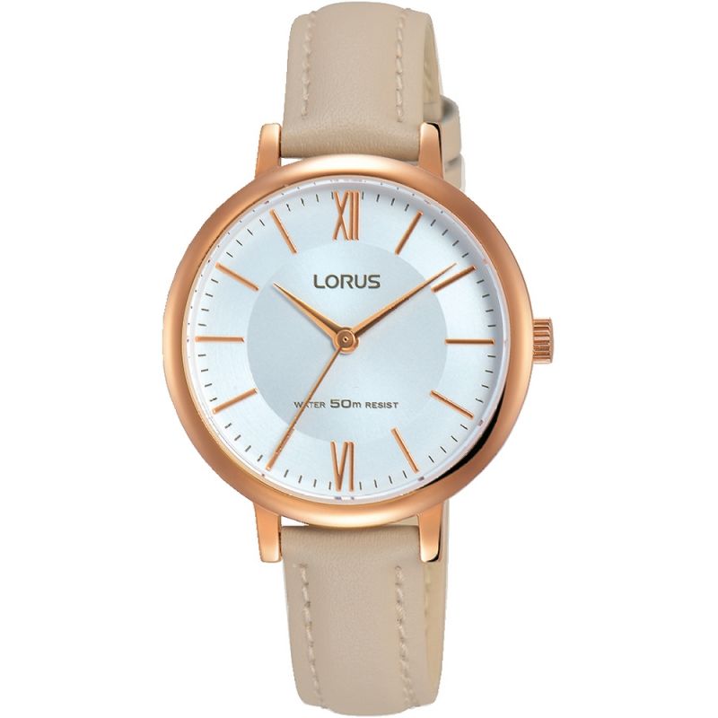 Lorus Womens Rose Gold Plated Cream Leather Strap Wristwatch ( RG264LX8 ) NEW